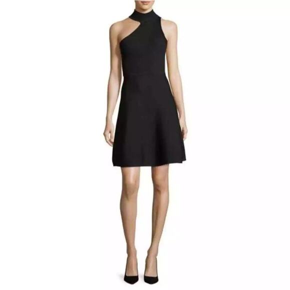 CUSHNIE ET OCHS Black Ribbed Knit One Shoulder Sleeveless Mini Dress Size Medium - Picture 1 of 9